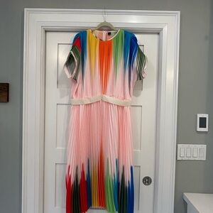 Colorful Elegant Pleated Dress With Elastic Belt